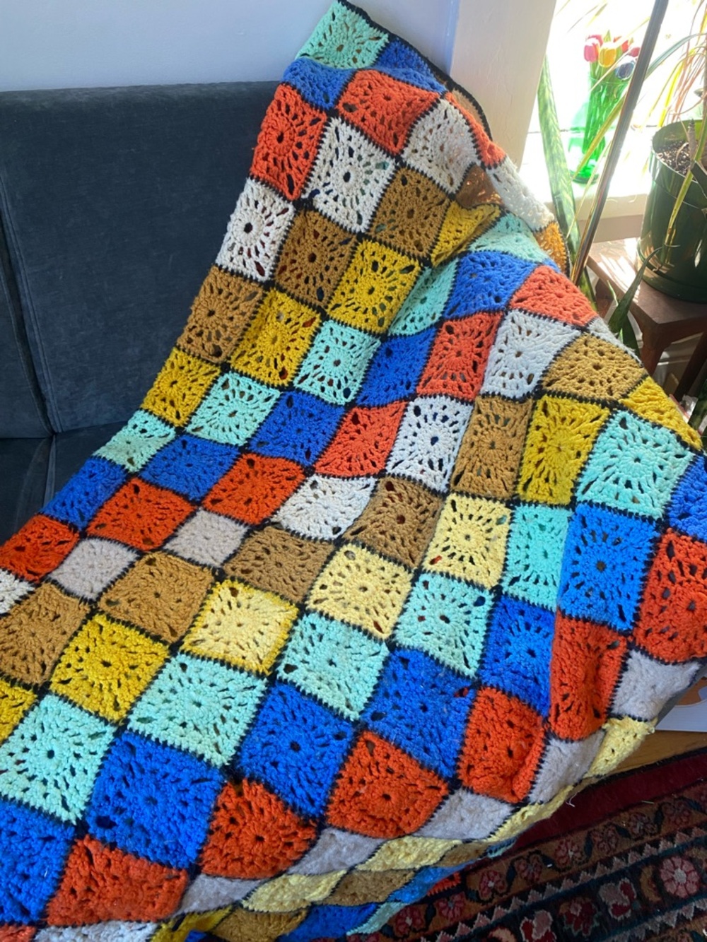 Vintage Handmade Multicolor Crochet Granny Square Blanket